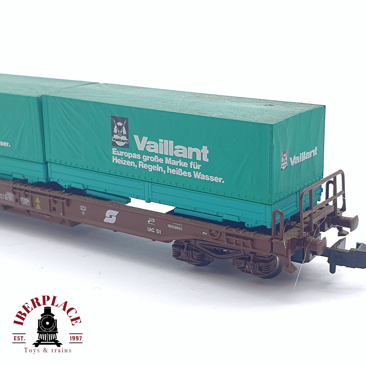 ♻️ 2da mano - Roco 25290 vagón plataforma con contenedor ÖBB Vaillant N escala 1:160