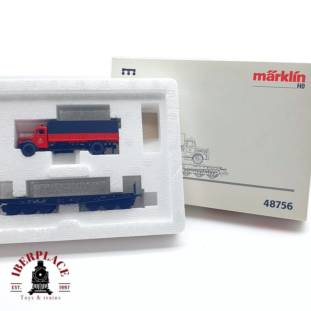 ♻️ 2da mano - Märklin 48756 vagón plataforma con camion de bomberos H0 escala 1:87