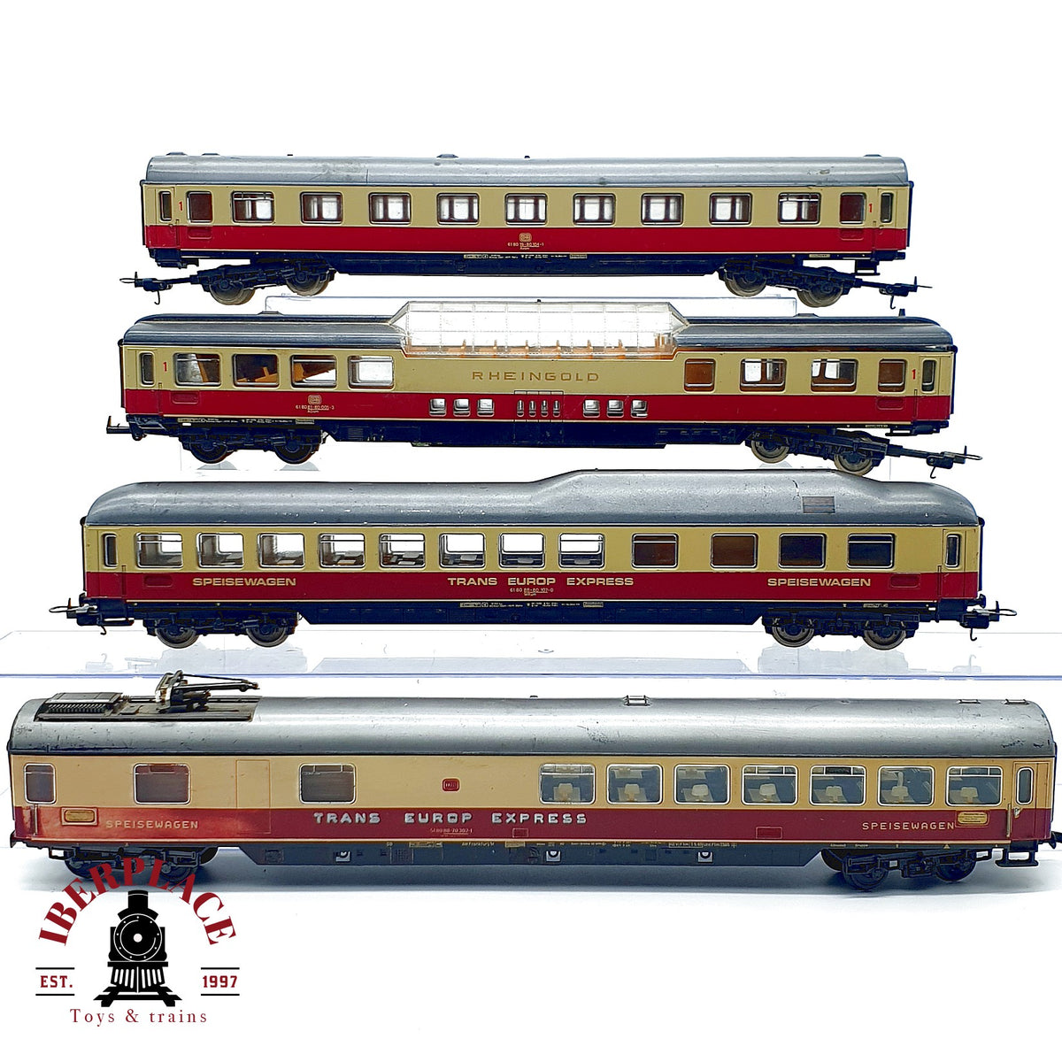 ♻️ 🚂 Lima 4x vagones Trans Europ Express (TEE) Rheingold DB coche panorámico DC Escala H0 1:87