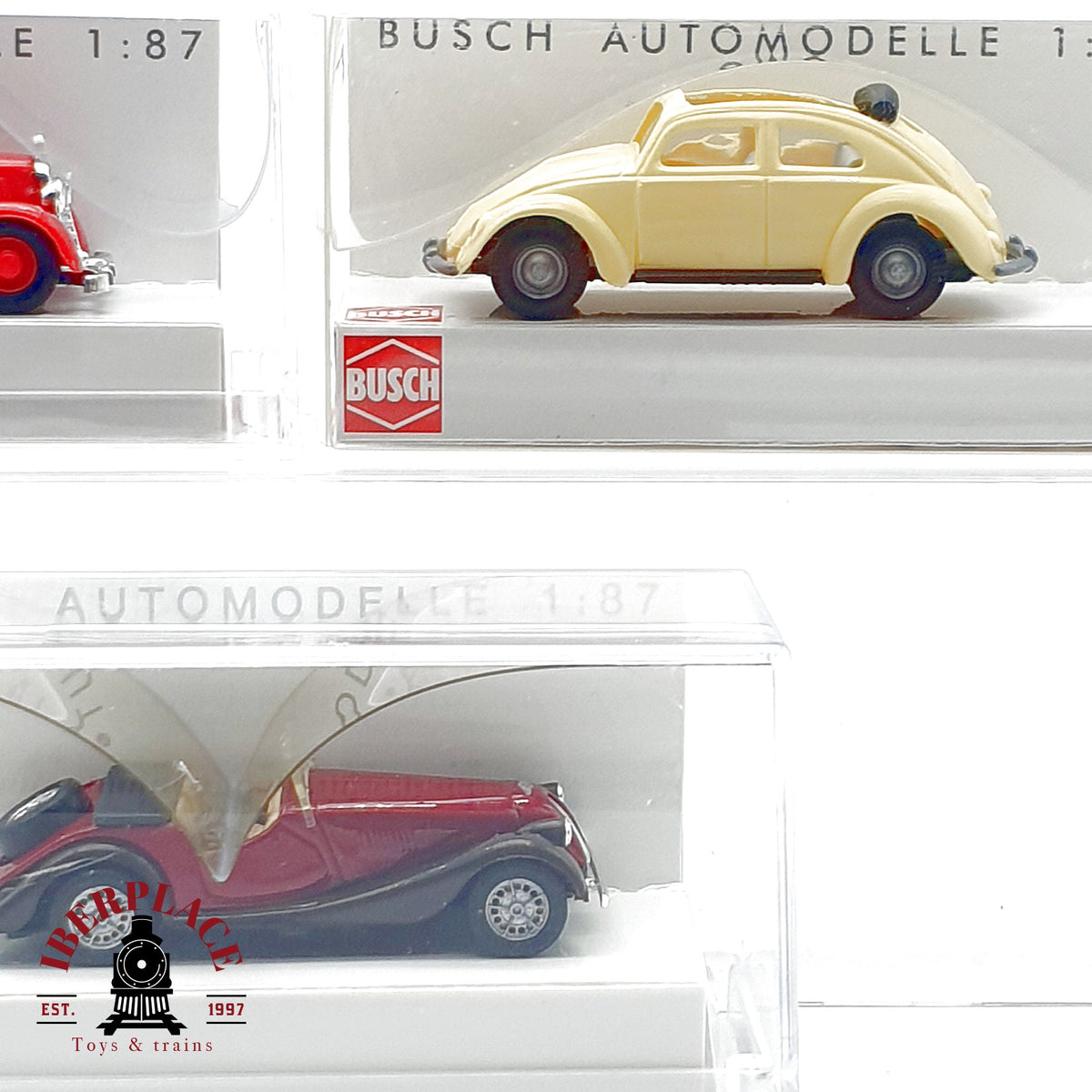 ♻️ 🚂 Busch 3x Coches Morgan Plus 8 Mercedes 170V VW Kafer 47104 41421 Escala H0 1:87