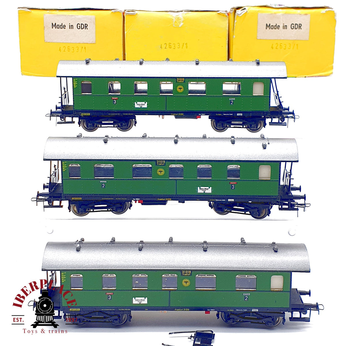 ♻️ 🚂 Piko DDR 426/33/1 Set 3 coches pasajeros 2/3 clase DRG verde clasico Escala H0 1:87