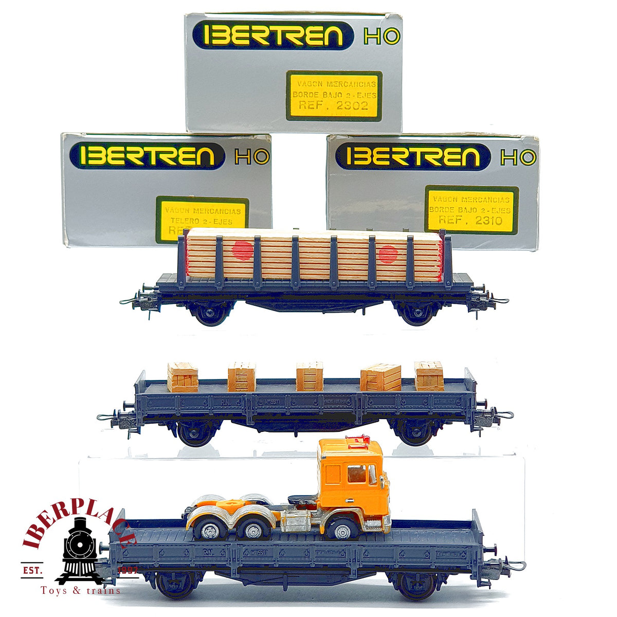 ♻️🚂 IBERTREN 3x vagones mercancías RENFE teleros cajas camión 2302 2310 Escala H0 1:87