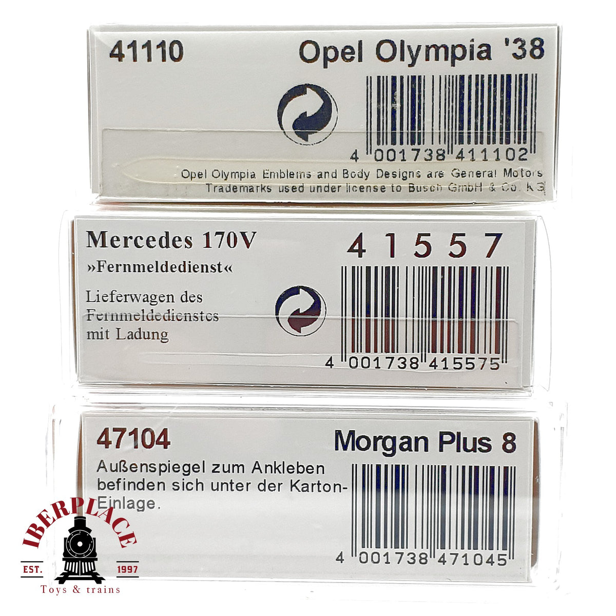 ♻️ 🚂 Busch 3x Coches Opel Olympia Mercedes Morgan plus 41110 41557 47104 Escala H0 1:87