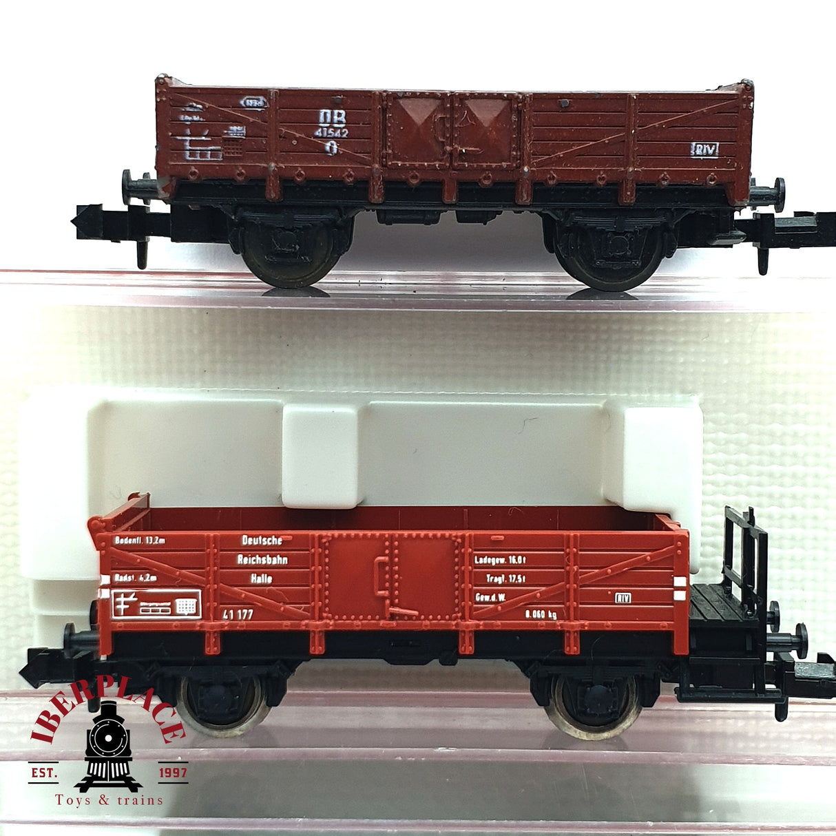 ♻️ 2da mano - 3x Roco Fleischmann vagones de borde bajo y transporte de animales DR N escala 1:160 E16