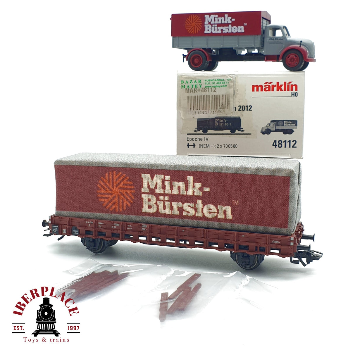 ♻️ Märklin 48112 vagón plataforma con contenedor Mink-Bürsten H0 escala 1:87 A27