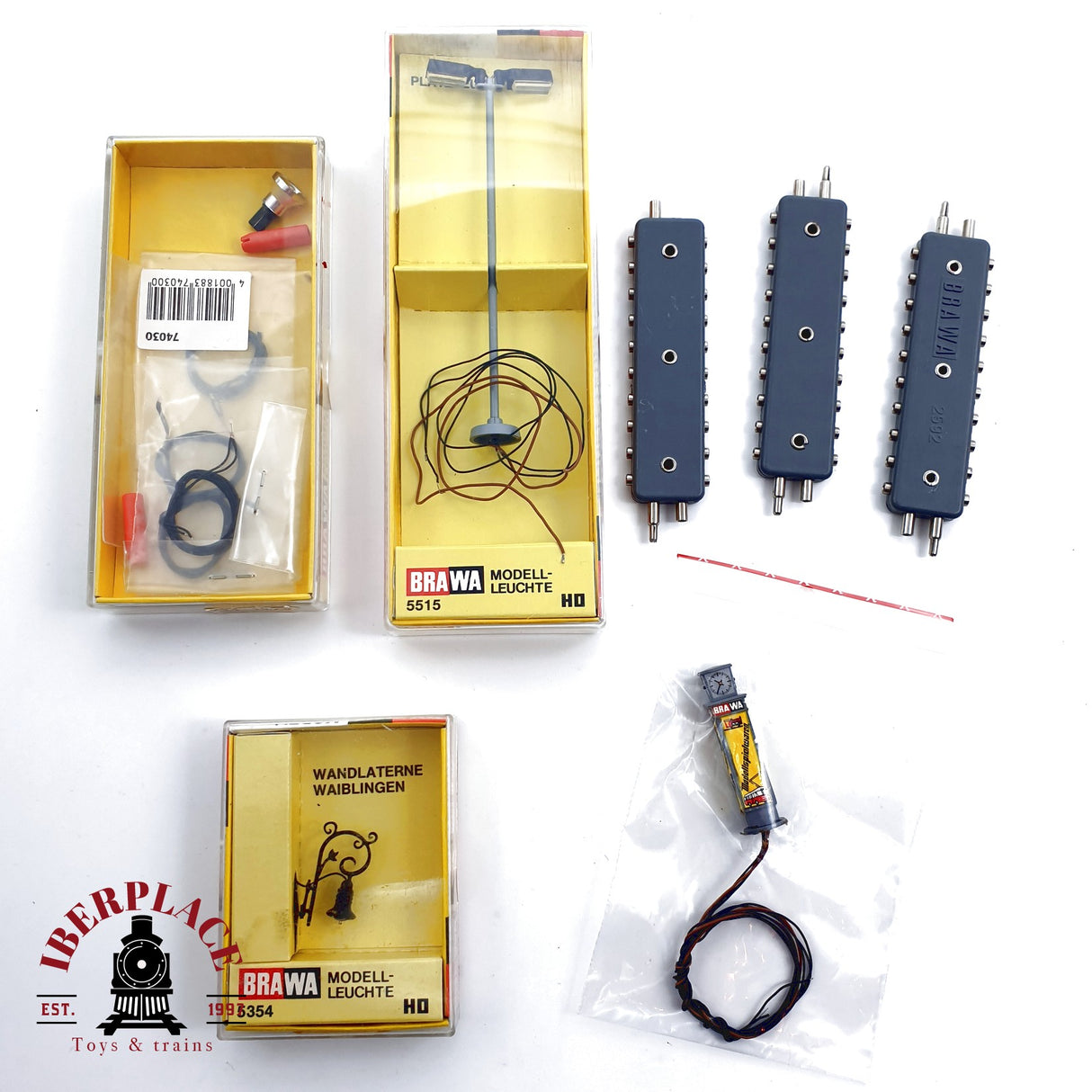 ♻️ BRAWA 7x placas de distribución Lamparas farolas anuncio con reloj H0 escala 1:87 E20