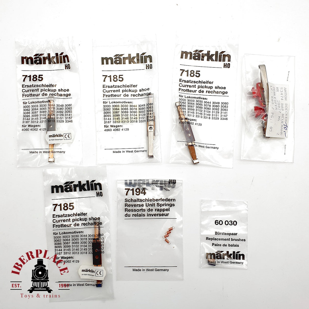 ♻️ Märklin Lote Recambios 4x 7185 Patines 7194 Muelles 60030 Escobillas AC H0 Escala 1:87