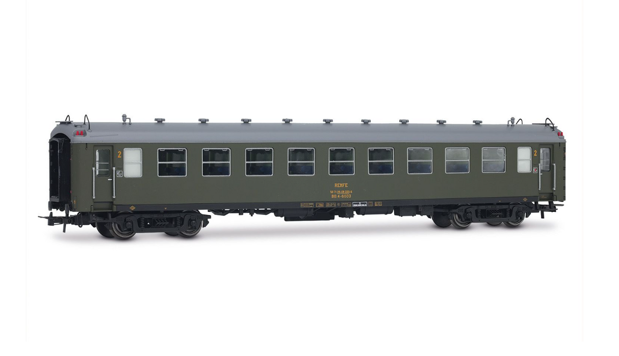 Electrotren HE4038 set de 2 coches serie 5000, compuesto por 2 x BB4 de 2ª clase, con fuelles, decoración verde oliva RENFE H0 escala 1:87