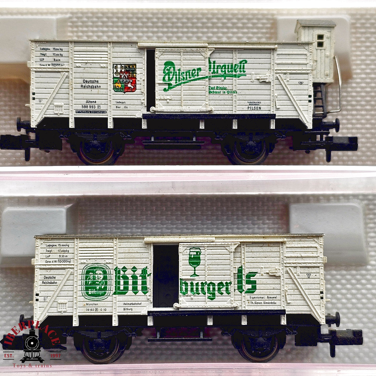 ♻️ 2da mano - Fleischmann 2x vagones cerrados Pilsner DR N escala 1:160 E13