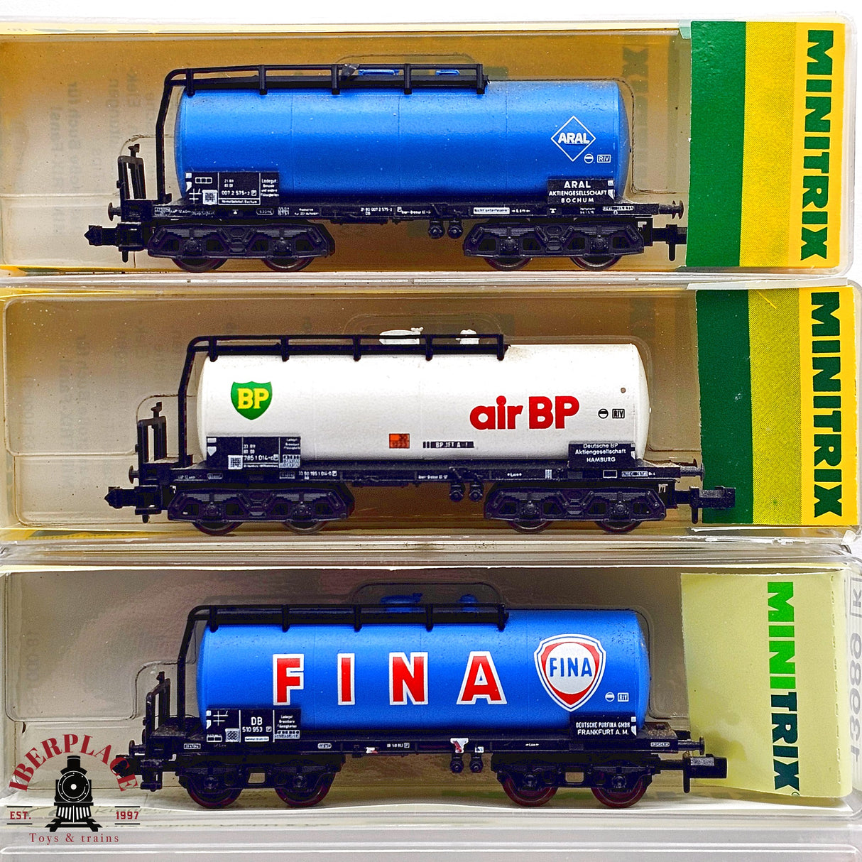 ♻️ 2da mano - Minitrix 3x vagones cisterna Fina Air BP Aral N escala 1:160 E13x