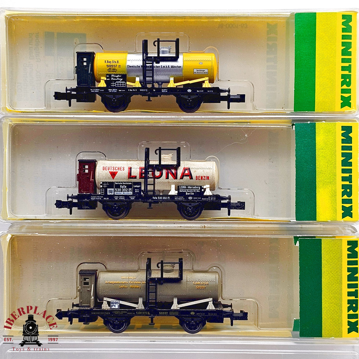 ♻️ 2da mano - Minitrix 3x vagones cisterna Leona DR K.Bay.Sts.B N escala 1:160 E13