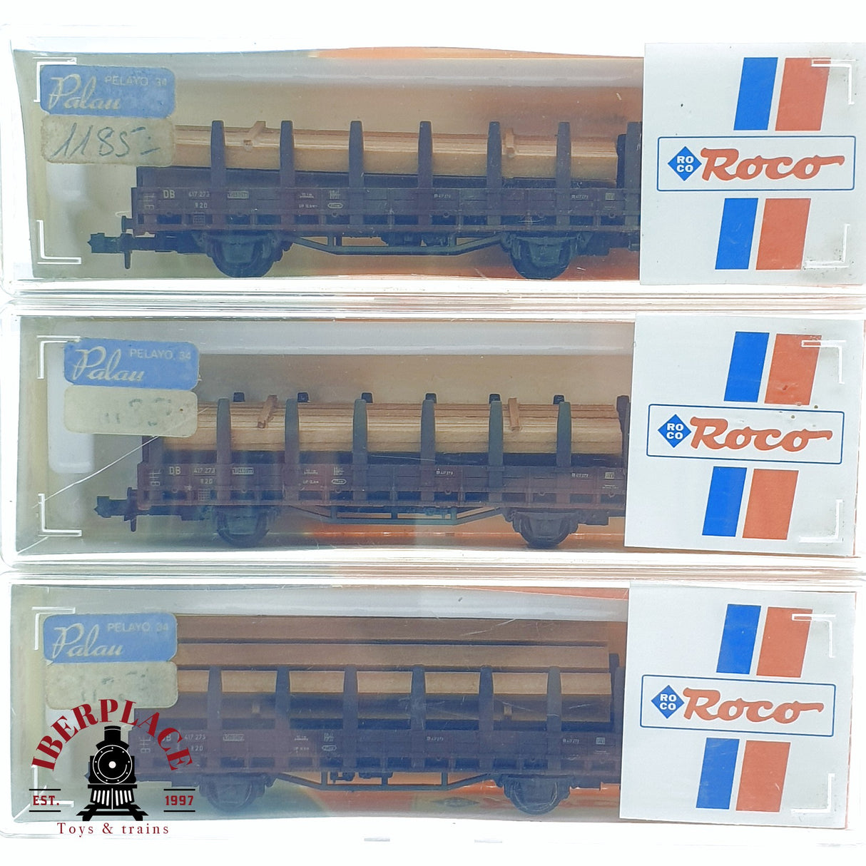 ♻️ 2da mano - 3x Roco vagones telero con maderas de carga DB N escala 1:160