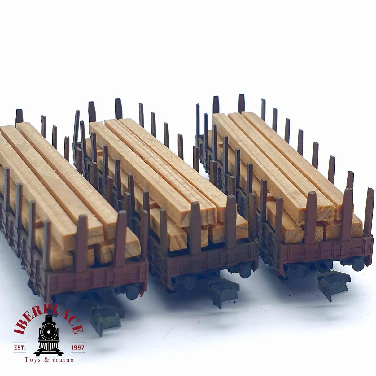 ♻️ 2da mano - 3x Roco vagones telero con maderas de carga DB N escala 1:160