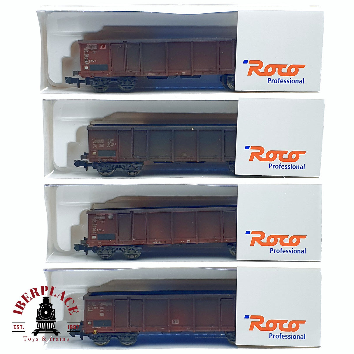 ♻️ 2da mano - Roco 4x 25564/65/66/67 vagones de borde alto DB envejecidos N escala 1:160