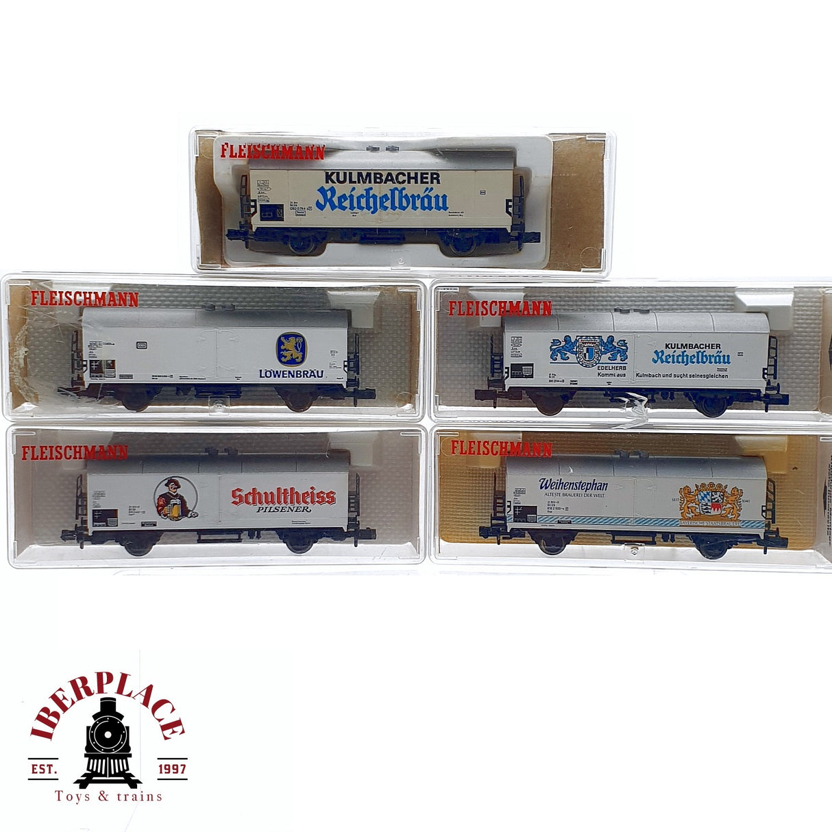 ♻️ 2da mano - Fleischmann 5x vagones cerveceros Löwenbräu Kulmbacher Pilsener N escala 1:160