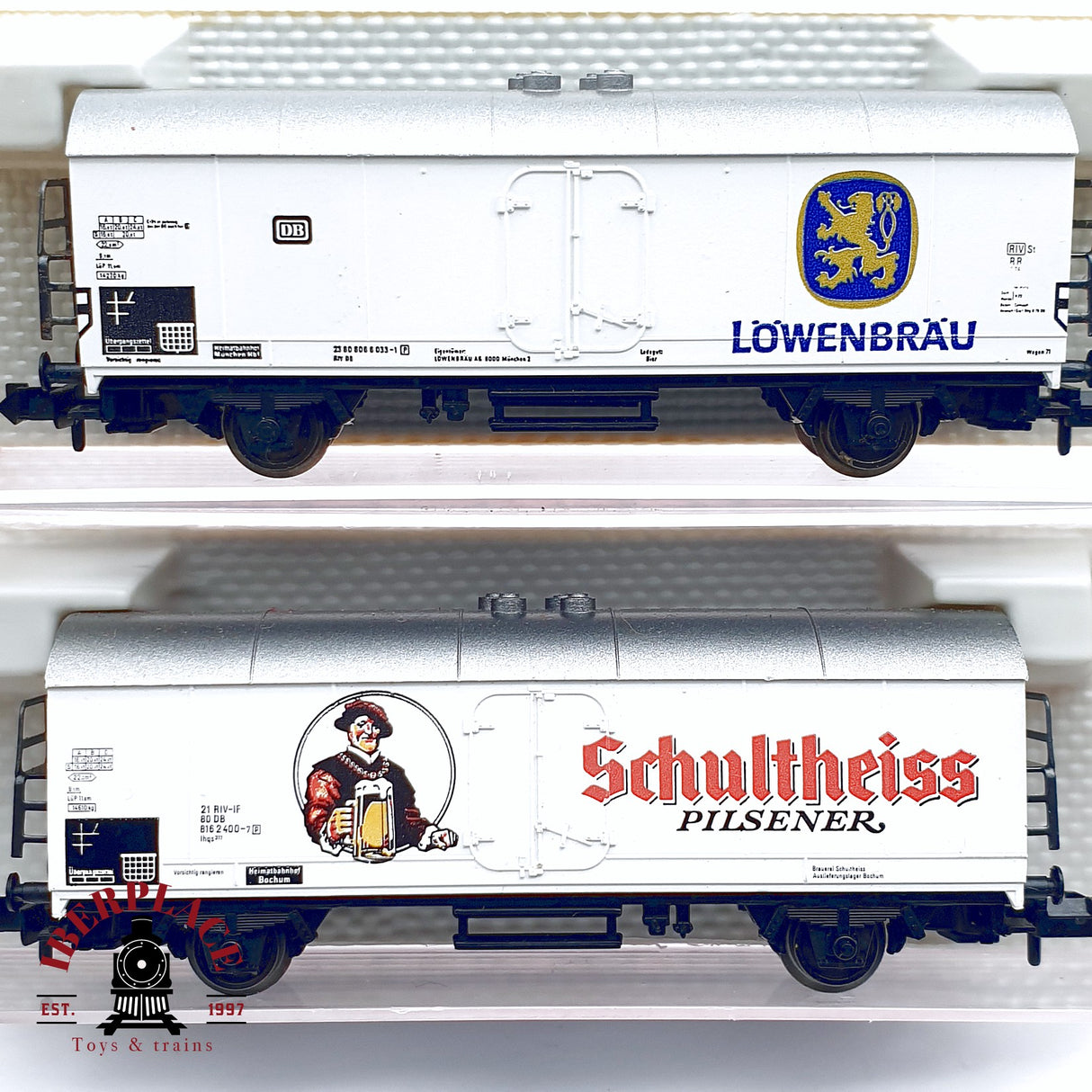 ♻️ 2da mano - Fleischmann 5x vagones cerveceros Löwenbräu Kulmbacher Pilsener N escala 1:160