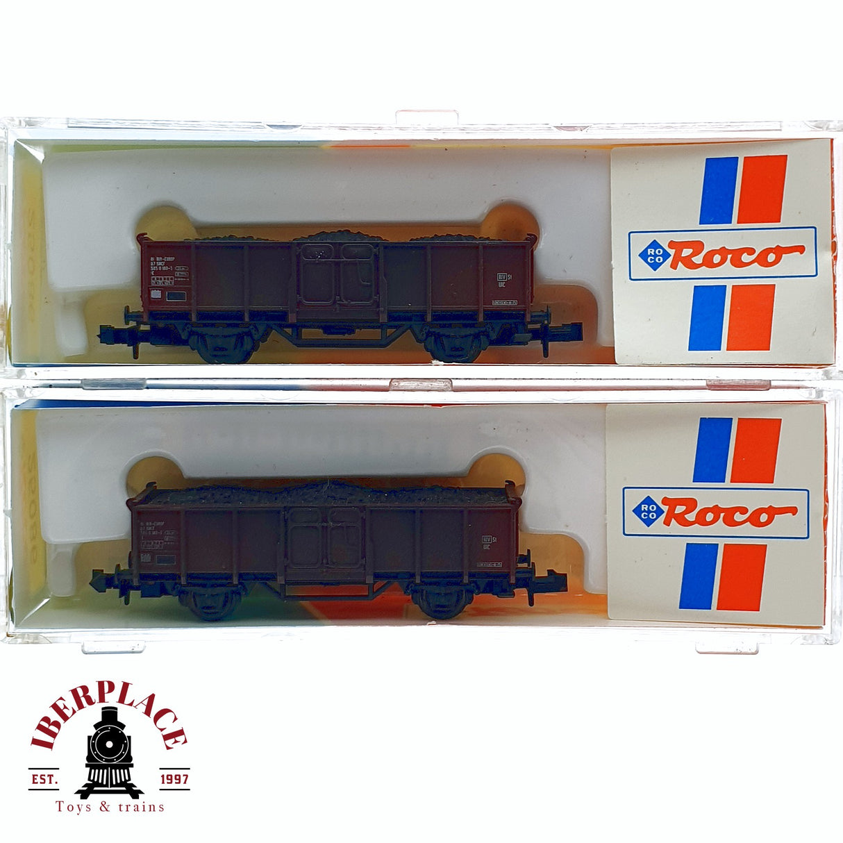 ♻️ 2da mano - Roco 2x 25086 vagones de borde alto con carbón EUROP SNCF N escala 1:160