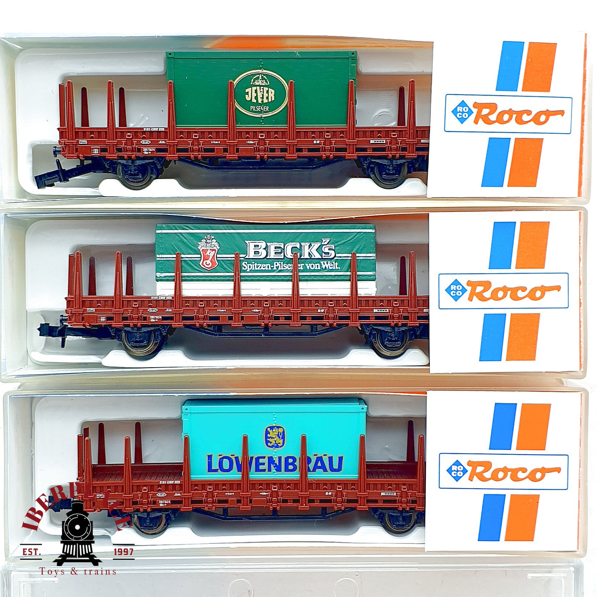 ♻️ Roco 3x vagones teleros contenedores cerveza Jever Becks Lowenbrau DB escala N 1:160