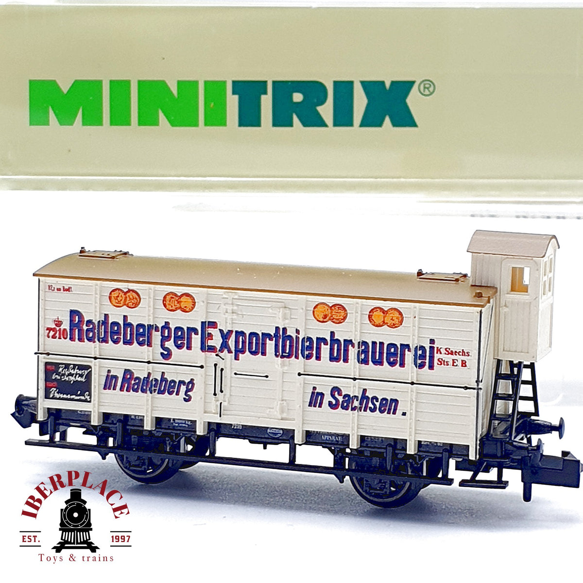 ♻️ Minitrix 13443K Vagon Cervezero Radeberger con Garita K Saechs Sts E B Ep I escala N 1:160