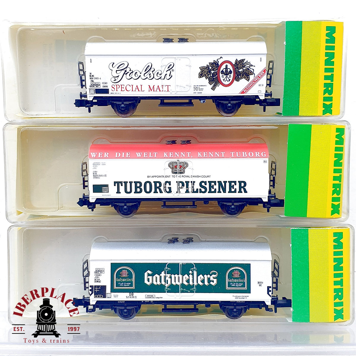 ♻️ Minitrix 3x Vagones Cervezeros Grolsch Tuborg Gatzweilers Ep IV escala N 1:160