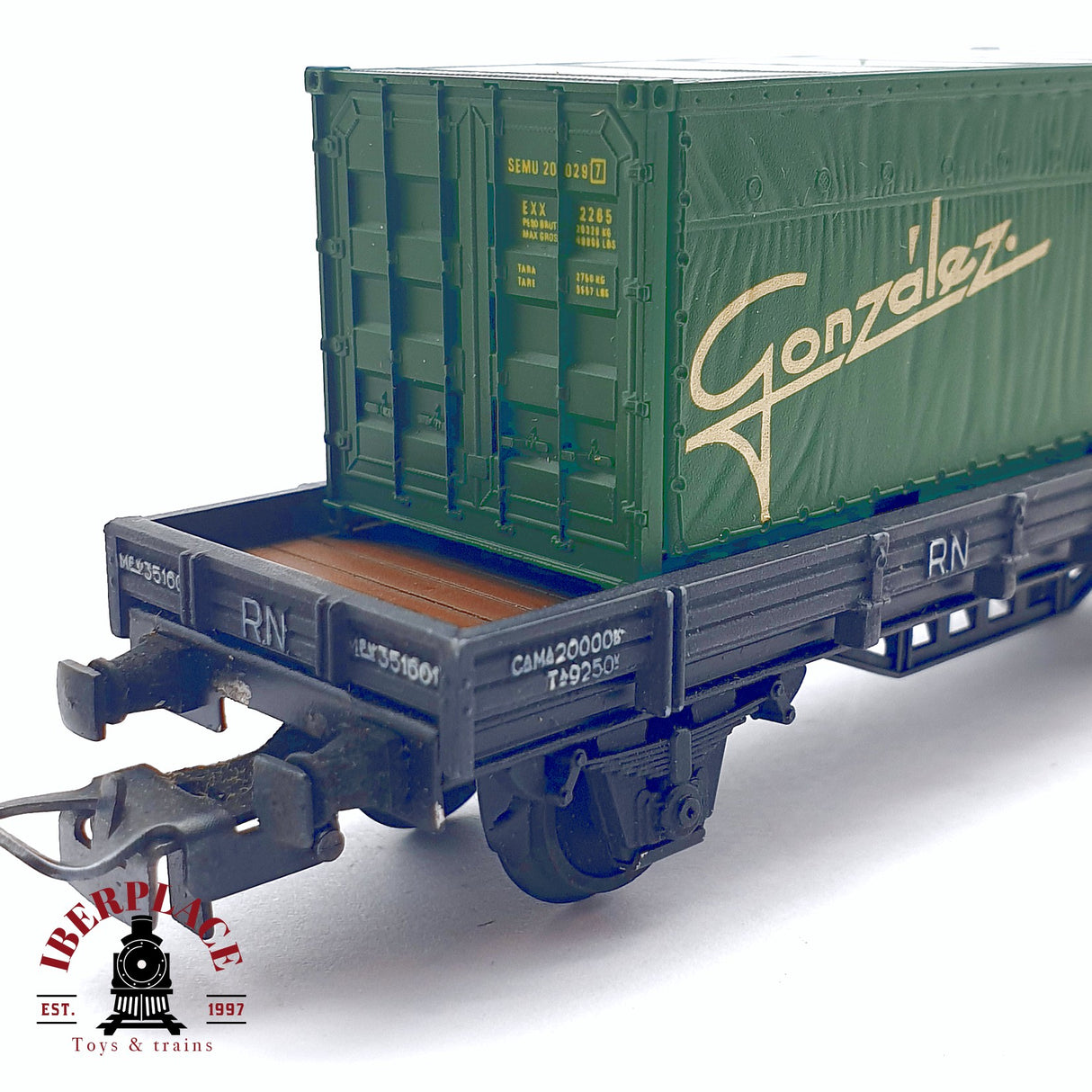 ♻️ 2da mano - DC Electrotren vagón plataforma con contenedor González RENFE H0 escala 1:87