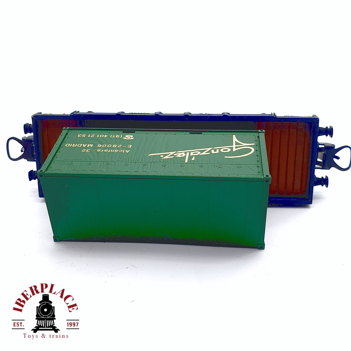 ♻️ 2da mano - DC Electrotren vagón plataforma con contenedor González RENFE H0 escala 1:87