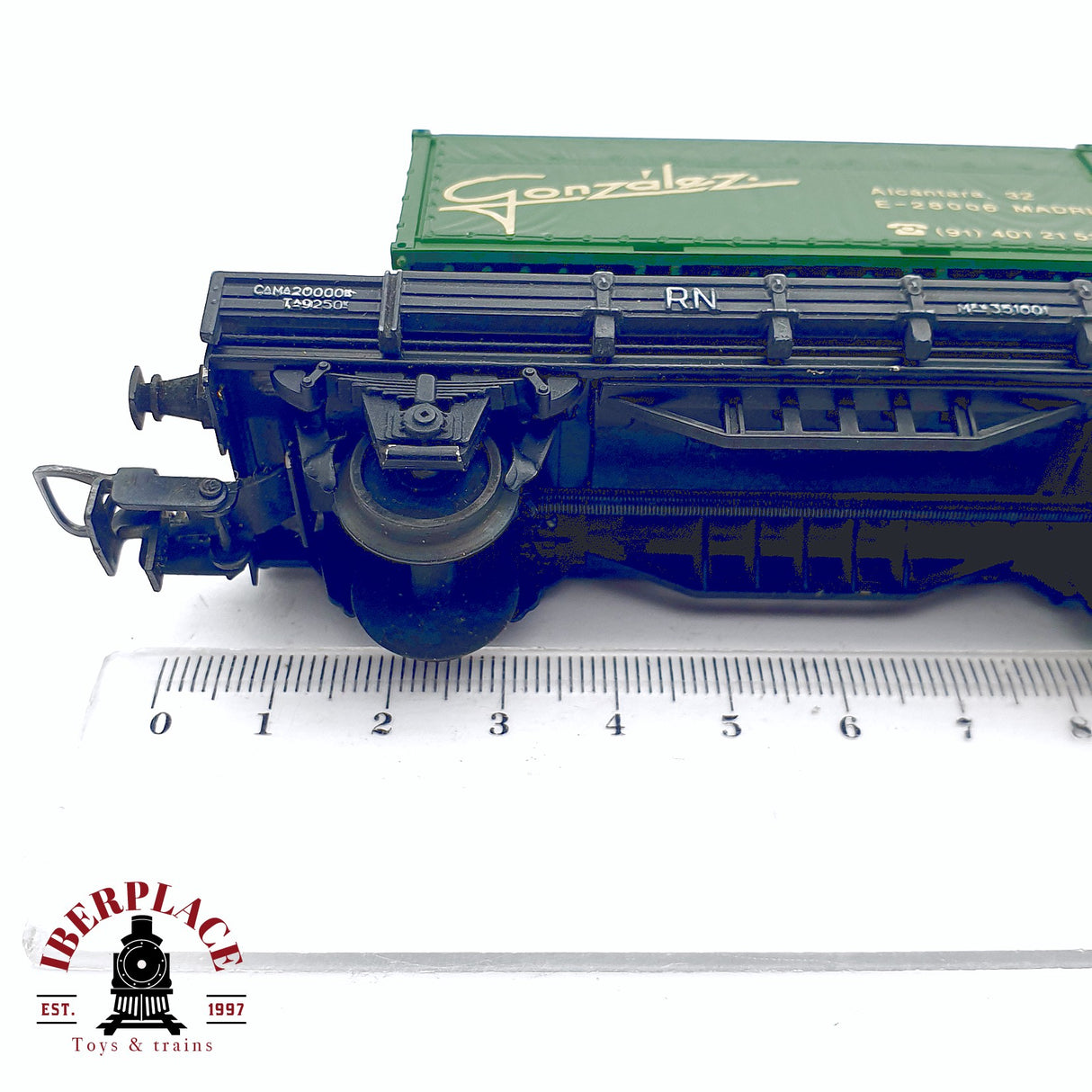 ♻️ 2da mano - DC Electrotren vagón plataforma con contenedor González RENFE H0 escala 1:87