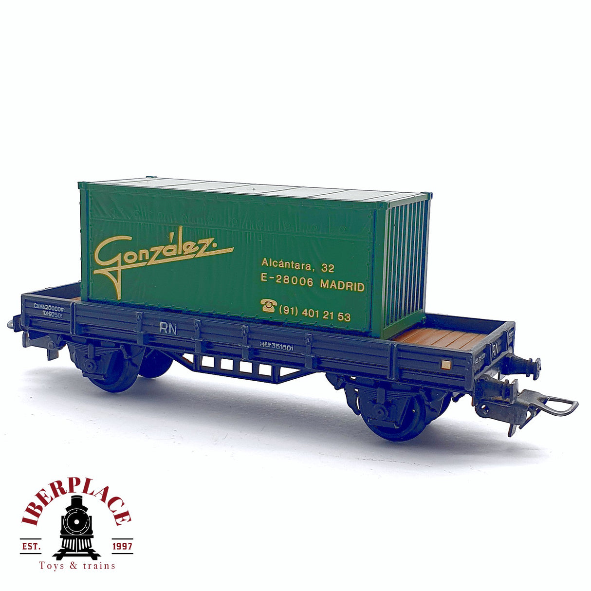 ♻️ 2da mano - DC Electrotren vagón plataforma con contenedor González RENFE H0 escala 1:87