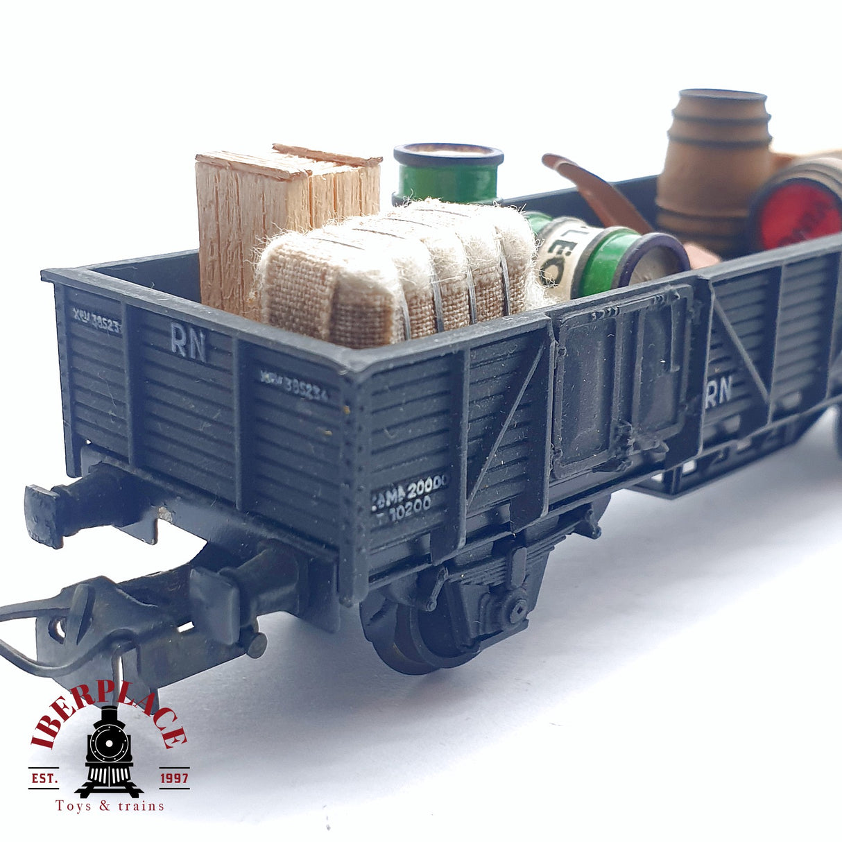 ♻️ 2da mano - DC Electrotren vagón de bordes altos con carga bidones de petróleo RENFE H0 escala 1:87