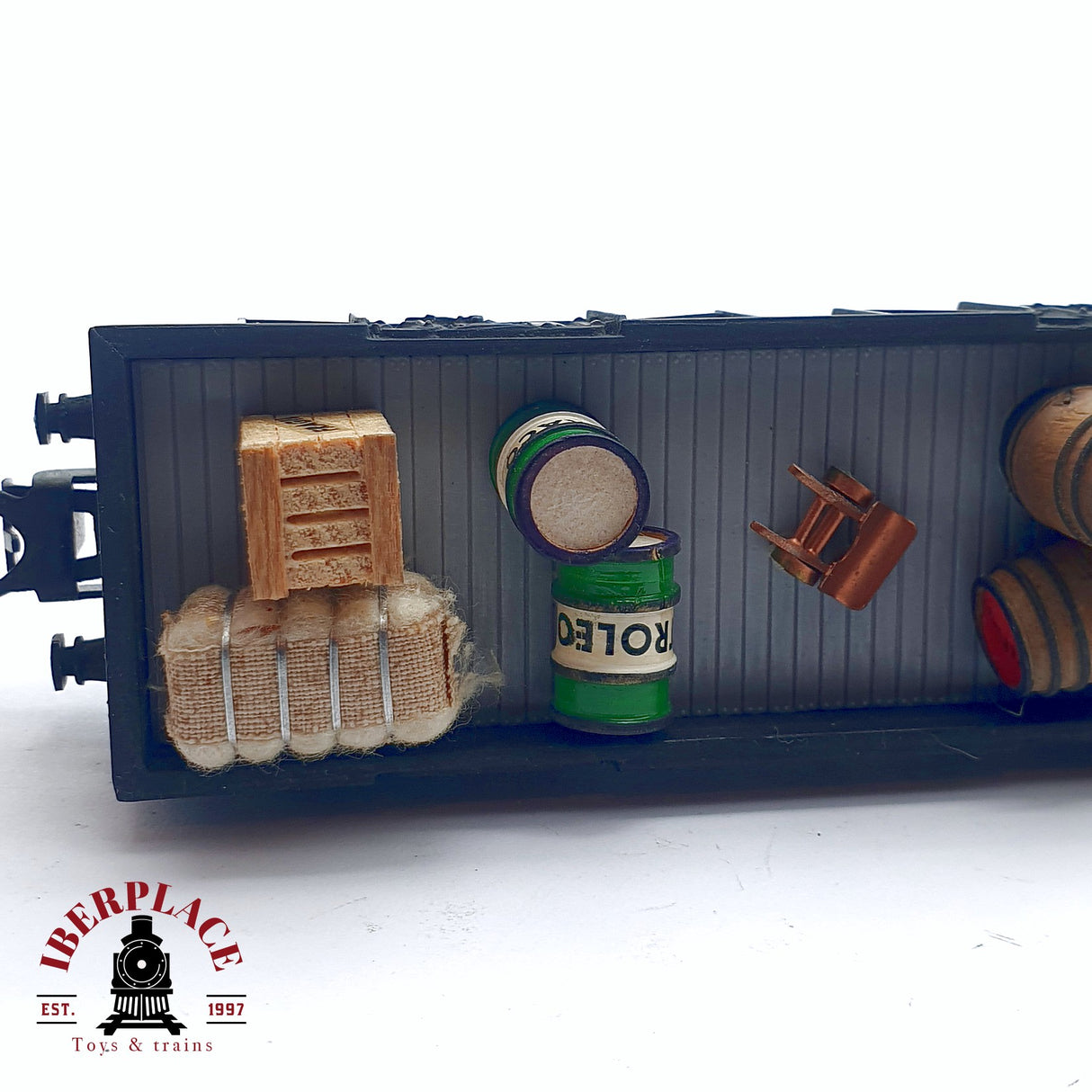 ♻️ 2da mano - DC Electrotren vagón de bordes altos con carga bidones de petróleo RENFE H0 escala 1:87