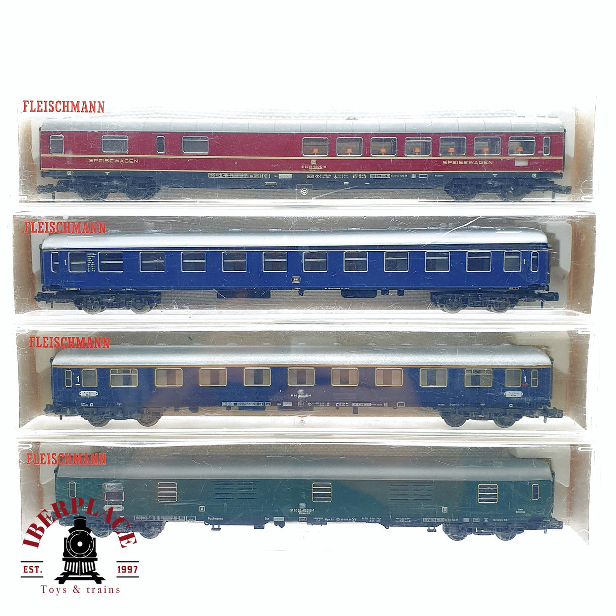 ♻️ 2da mano - 4x Fleischmann vagones pasajeros, equipajes, restaurante DB N escala 1:160