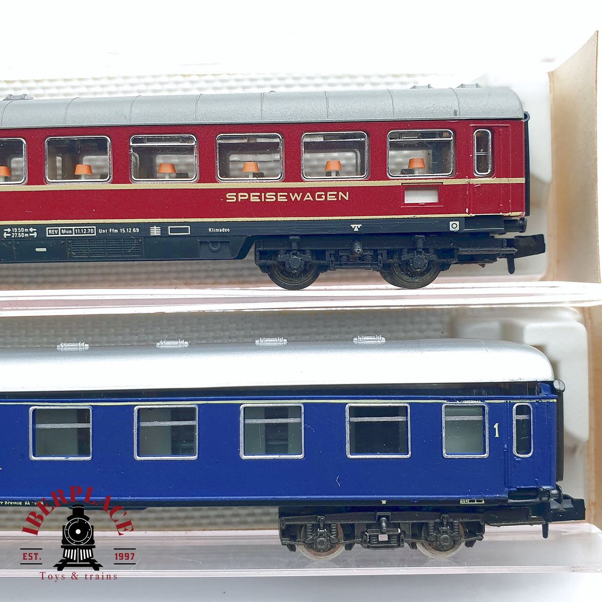 ♻️ 2da mano - 4x Fleischmann vagones pasajeros, equipajes, restaurante DB N escala 1:160