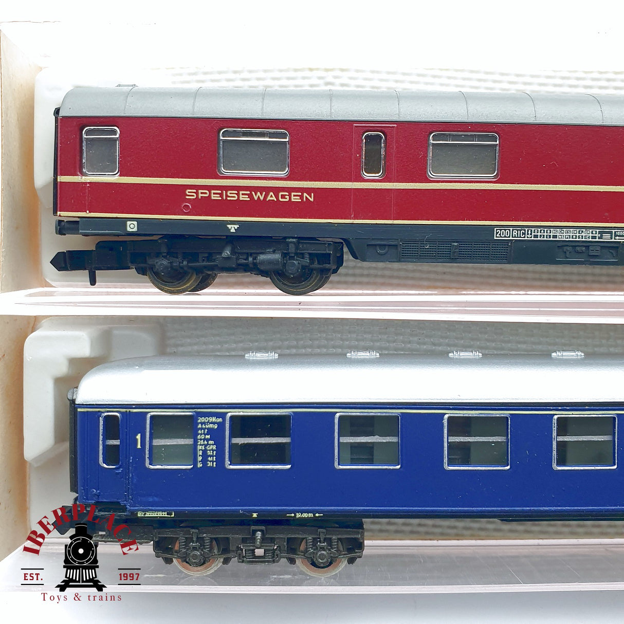 ♻️ 2da mano - 4x Fleischmann vagones pasajeros, equipajes, restaurante DB N escala 1:160