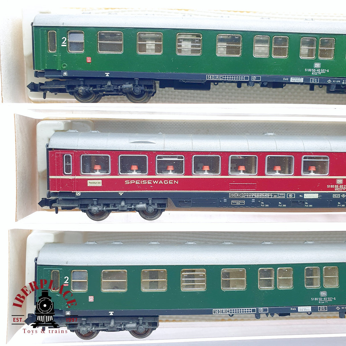 ♻️ 2da mano - 3x Fleischmann vagones pasajeros, restaurante DB 2da clase N escala 1:160
