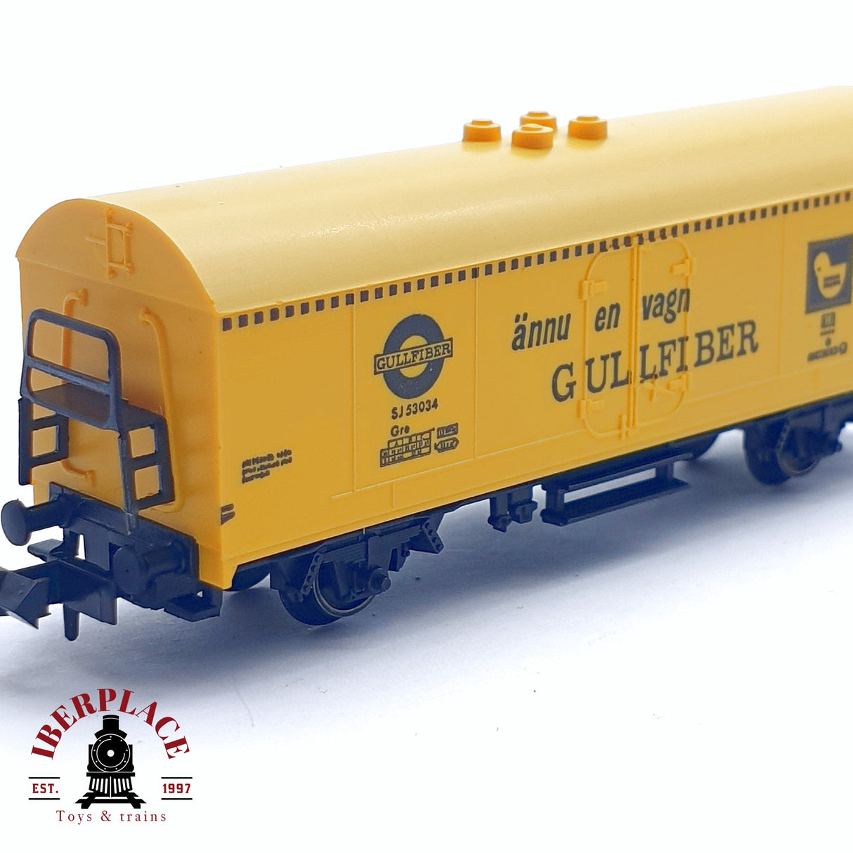♻️ 2da mano - Fleischmann 8323 vagón cerrado Gullfiber SJ 53034 amarillo N escala 1:160