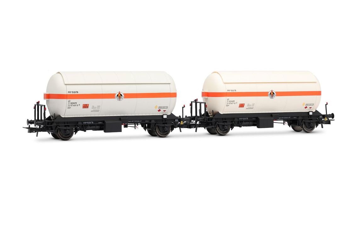 Electrotren HE6072 set de 2 vagones cisterna PR para gas, decoración blanco-naranja "Butano S.A.", ép. IV RENFE H0 escala 1:87