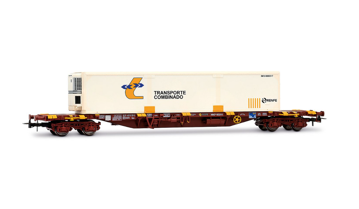 Electrotren HE6080 vagón portacontenedores de 4 ejes MMC3, decoración rojo óxido, con contenedor frigorífico "Transporte Combinado", ép. V RENFE H0 escala 1:87