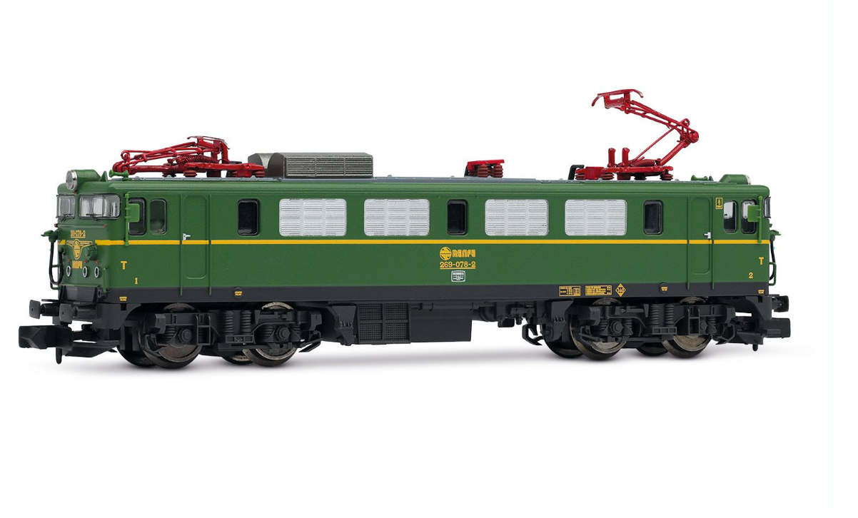 Arnold HN2608 locomotora eléctrica 269-078, decoración verde/amarillo con escudo de logo, ép. IV RENFE N escala 1:160
