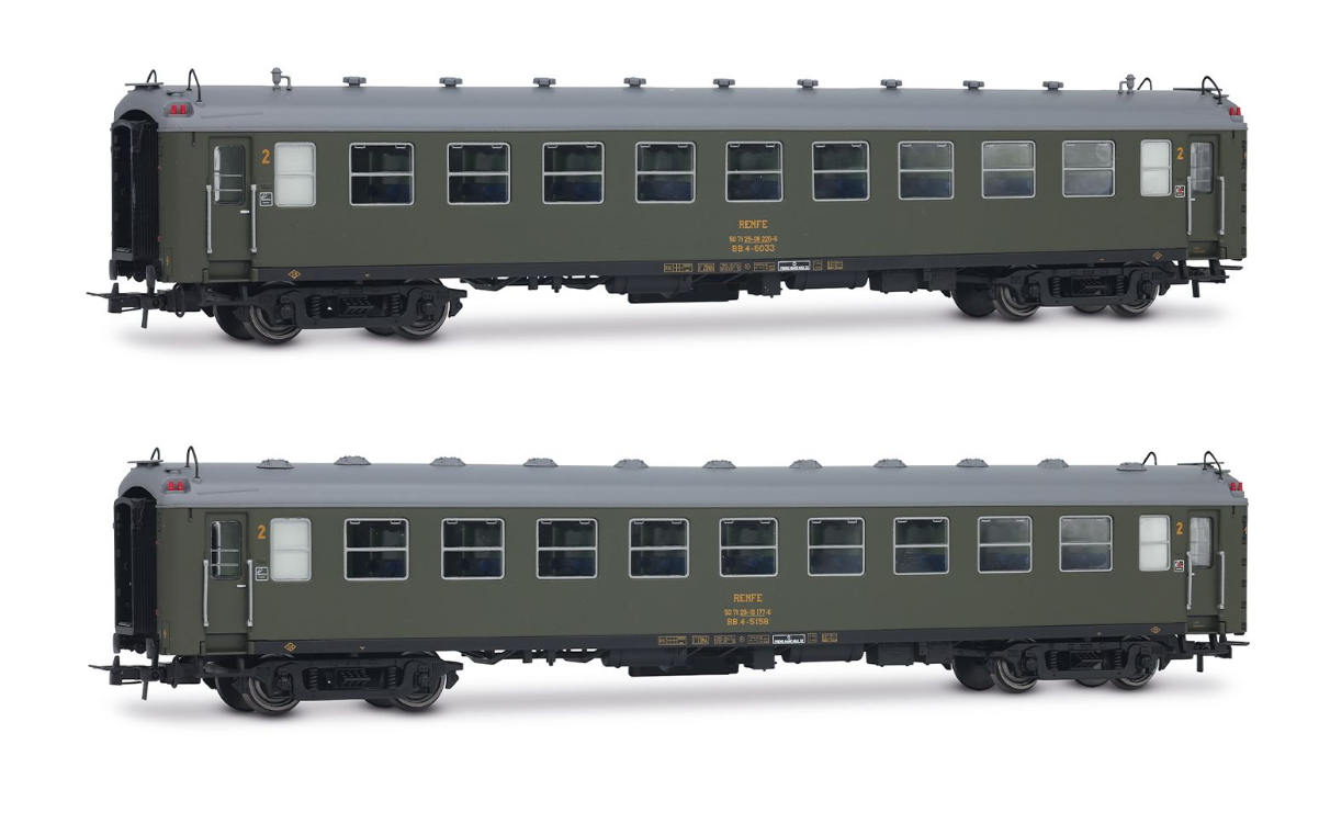 Electrotren HE4038 set de 2 coches serie 5000, compuesto por 2 x BB4 de 2ª clase, con fuelles, decoración verde oliva RENFE H0 escala 1:87