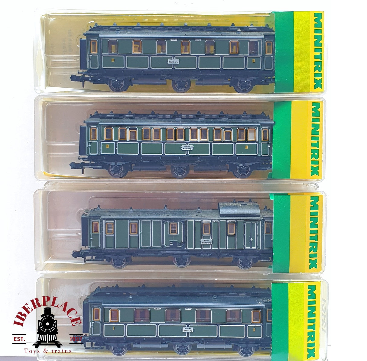 ♻️ 2 mano - Minitrix 4x vagones pasajeros K.Bay.Sts.B Hamburg N escala 1:160 TEN06