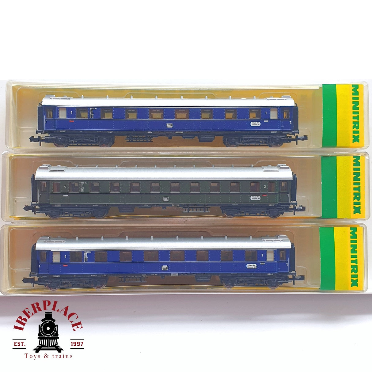 ♻️ 2 mano - Minitrix 3x vagones pasajeros y equipaje DB clases 1-2 N escala 1:160 TEN06