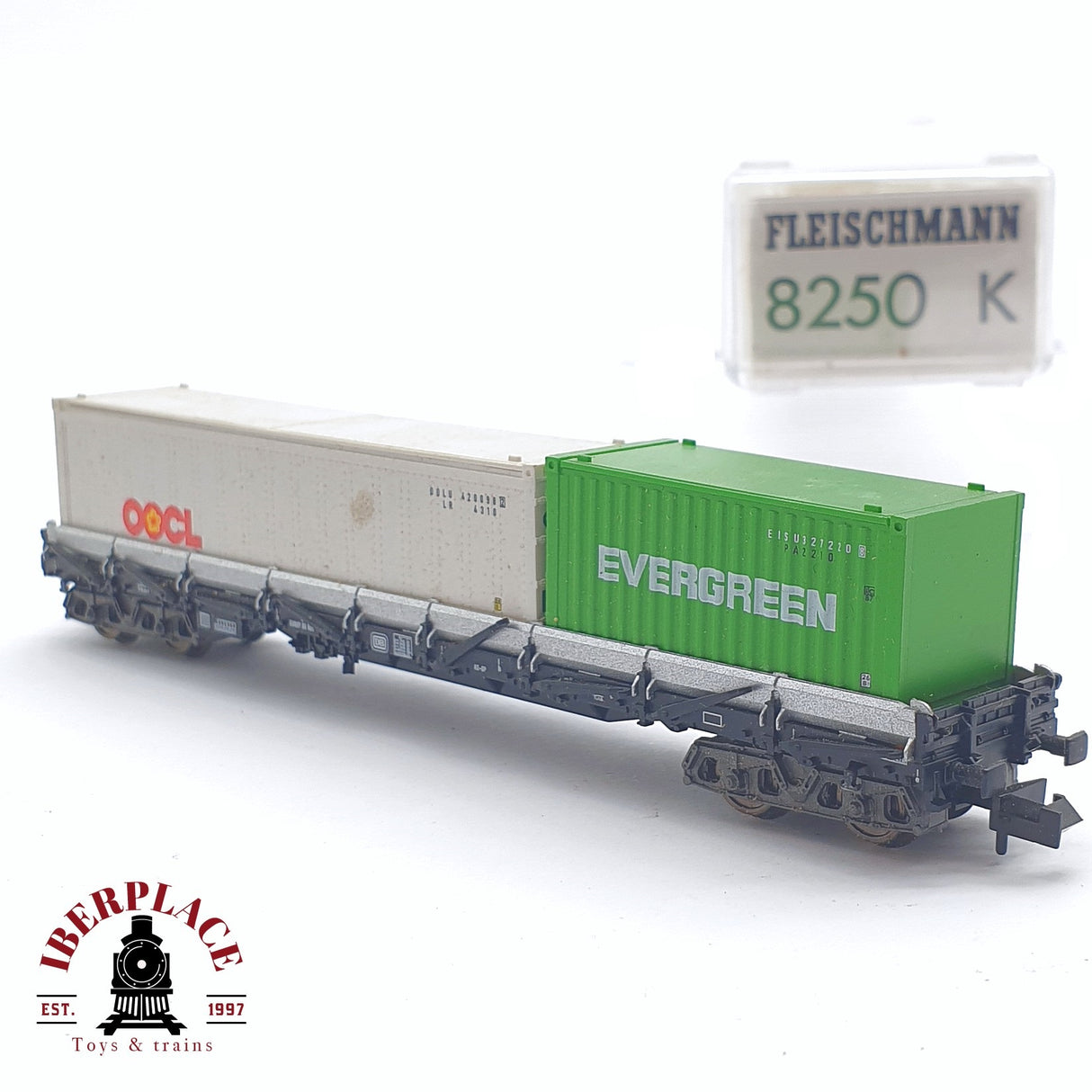 ♻️ 2 mano - Fleischmann 8250K vagón estacas con contenedores evergreen DB N escala 1:160 TEN06