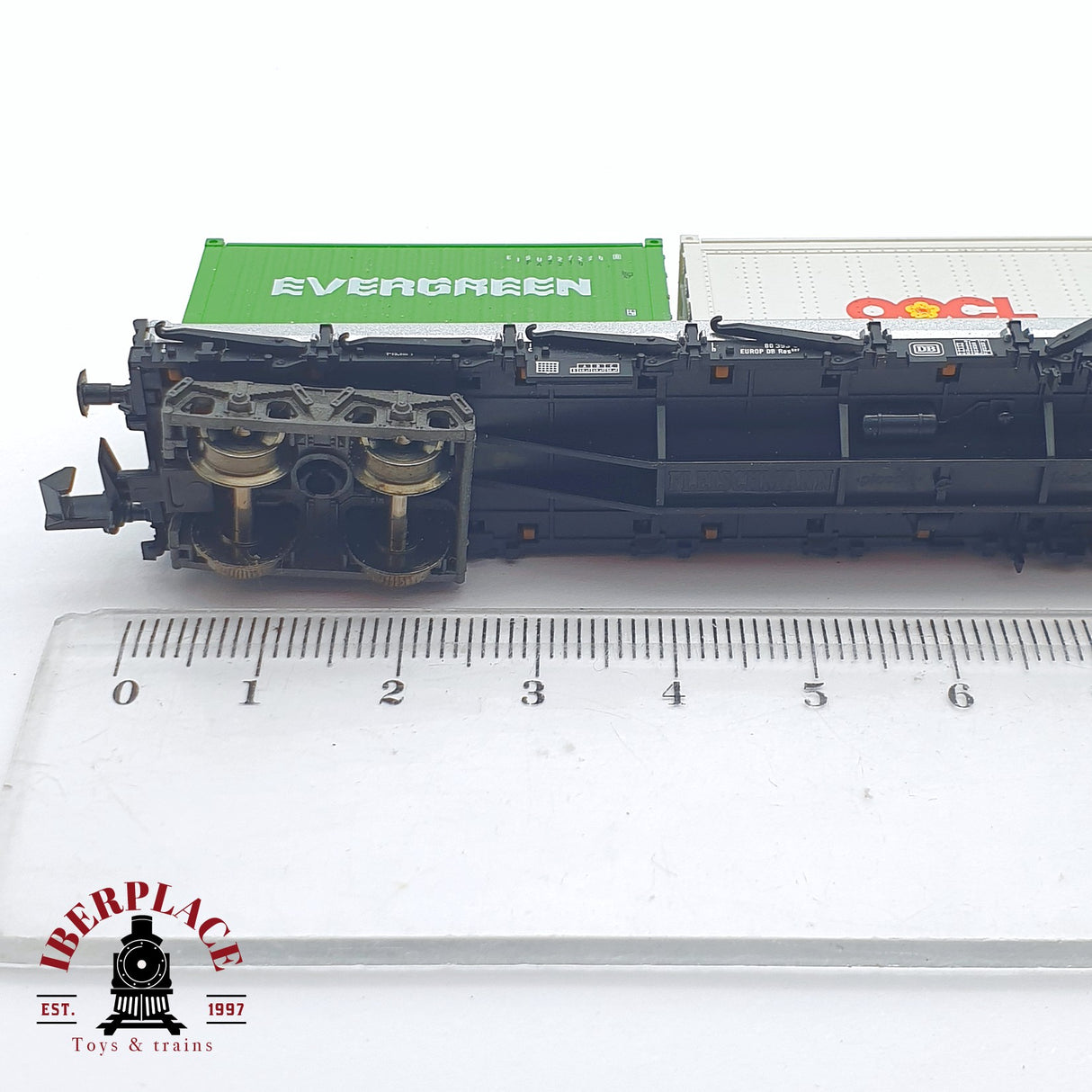 ♻️ 2 mano - Fleischmann 8250K vagón estacas con contenedores evergreen DB N escala 1:160 TEN06