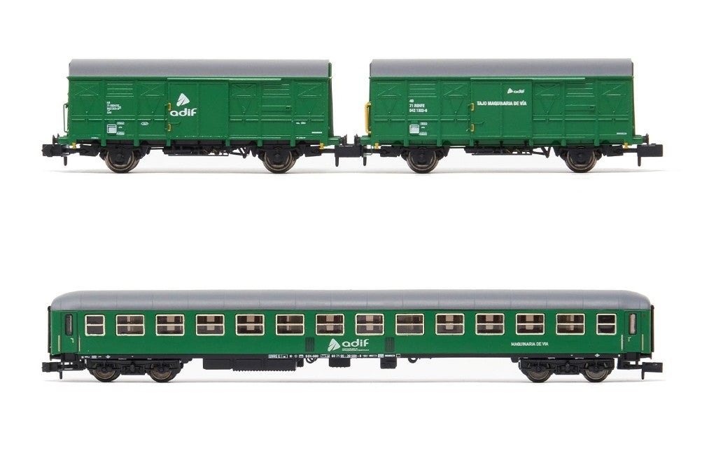 🧨 Liquidación – Arnold HN6576 Pack ADIF 3 Unidades – 2 Vagones J2 + 1 Coche SSV-500 Verde 1:160 escala N