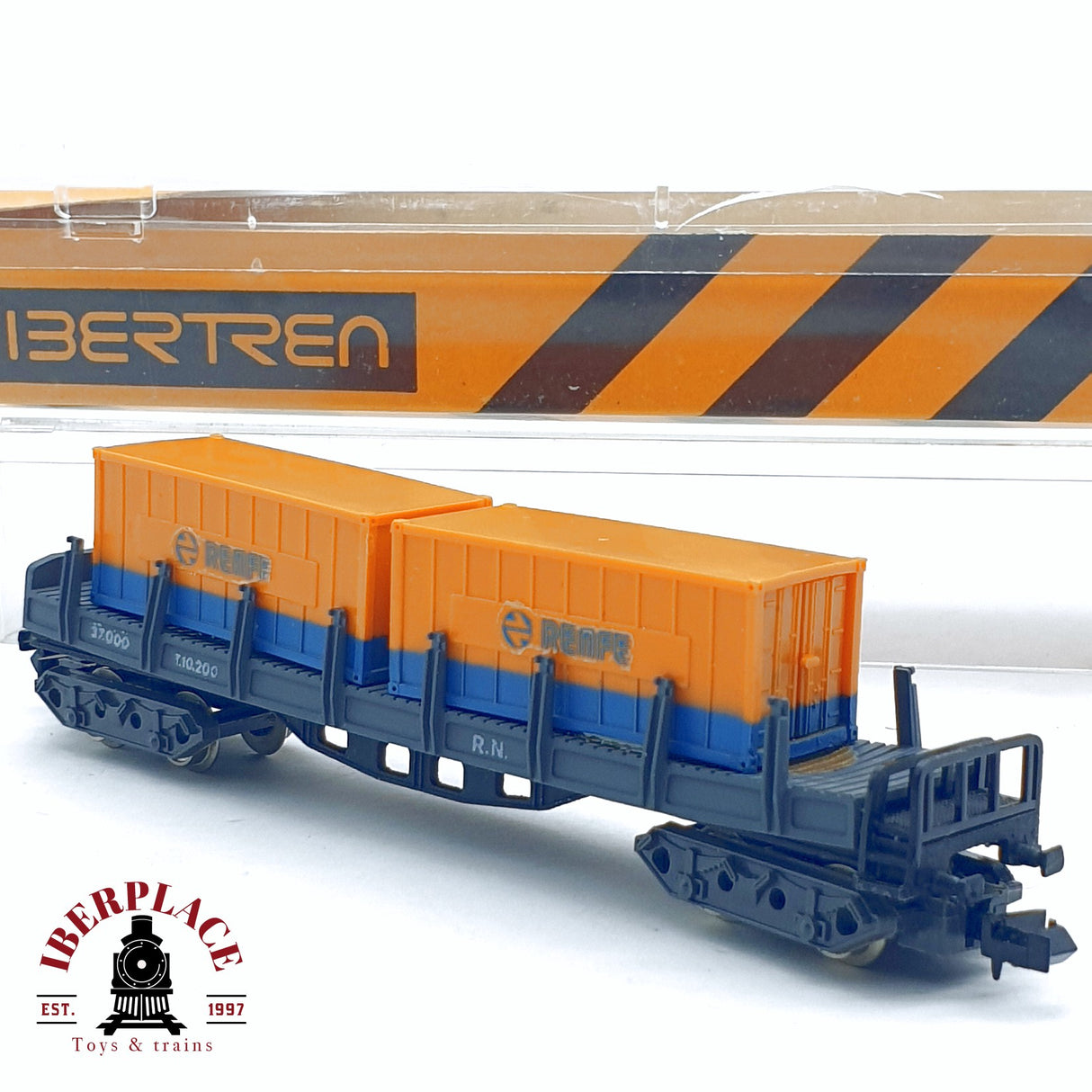 ♻️ 2da mano - IBERTREN 416 vagón telero con contenedores RENFE N escala 1:160