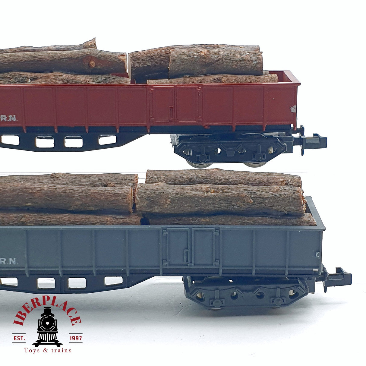 ♻️ 2da mano - 2x IBERTREN vagones de borde alto con troncos de madera RENFE N escala 1:160