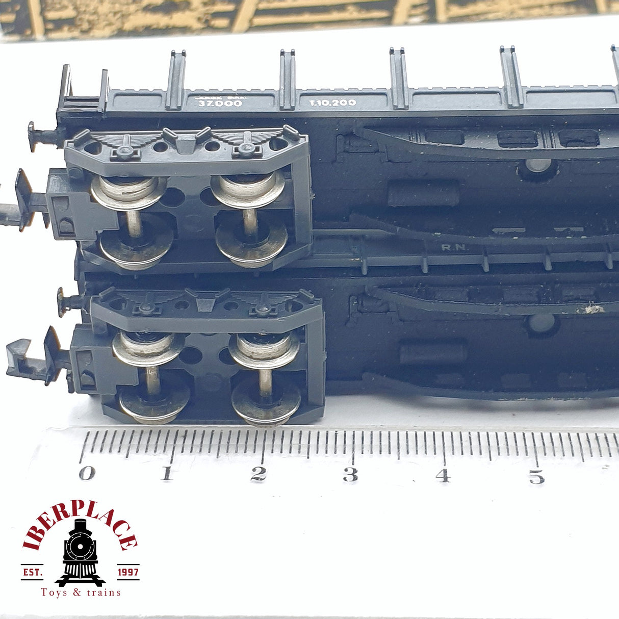 ♻️ 2da mano - 2x IBERTREN vagones telero y borde alto RENFE RN Gris N escala 1:160