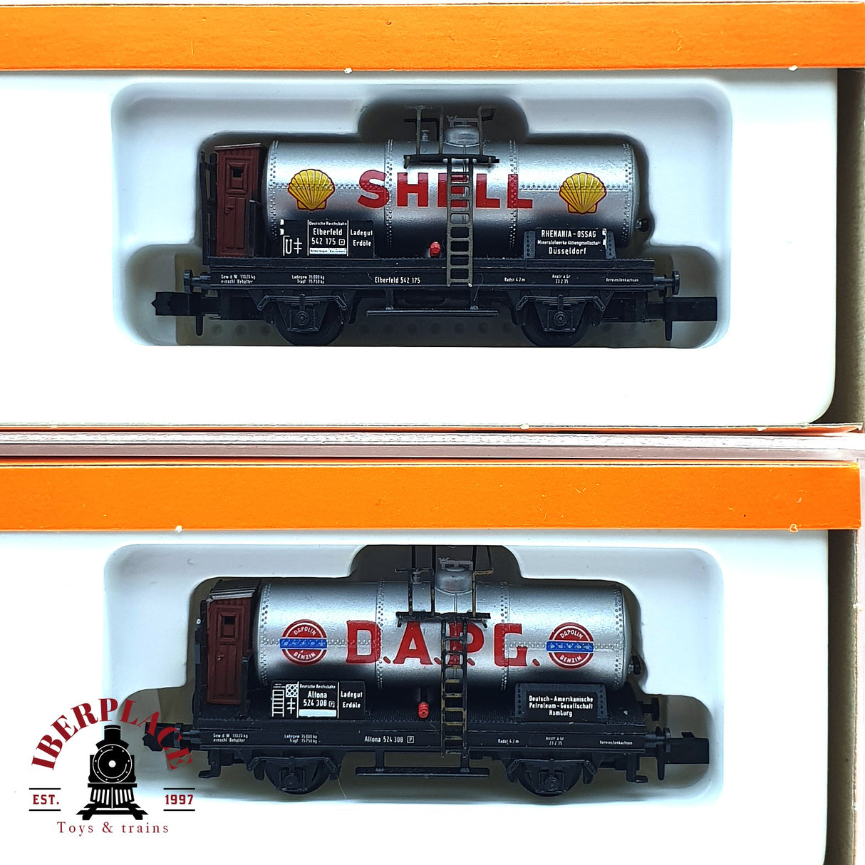 ♻️ 2da mano - 2x Arnold 4527 4528 vagones cisterna Shell DAPG DR N escala 1:160 E16