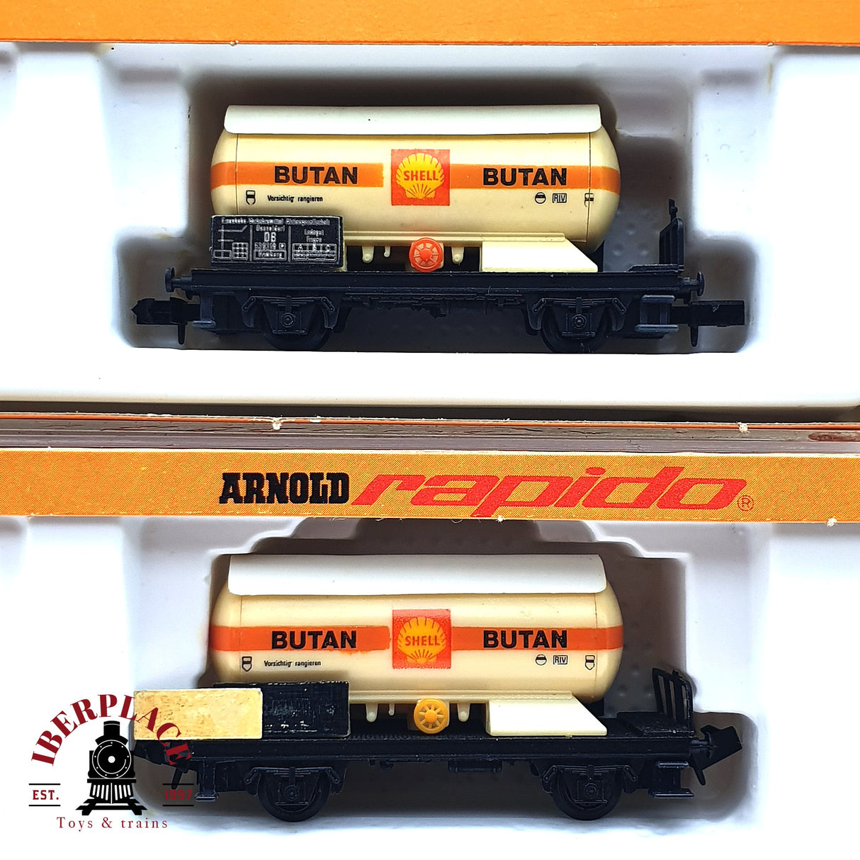 ♻️ 2da mano - 2x Arnold 0451 4510 vagones cisterna Butan Shell DB N escala 1:160 E16