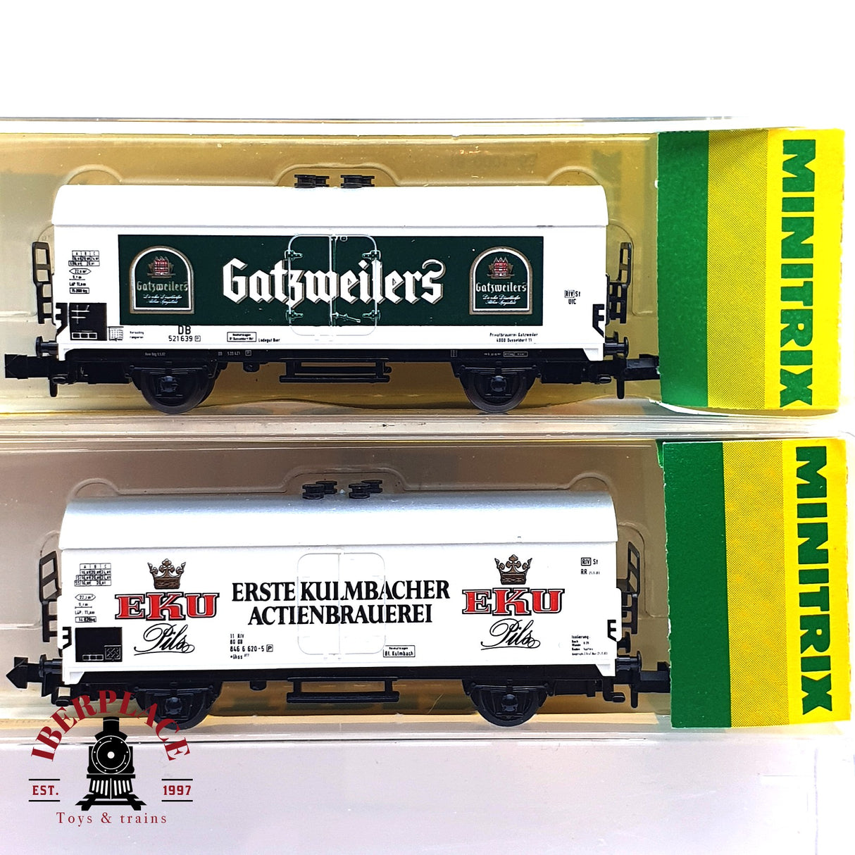 ♻️ 2da mano - 2x Minitrix vagones cerveceros EKU Pils Gatzweilers N escala 1:160 E16